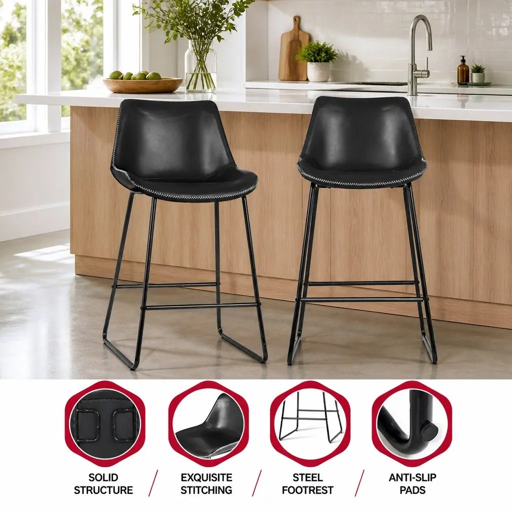 Bar Stools Set of 2 Kitchen Counter Chairs Black PU Leather Metal Frame