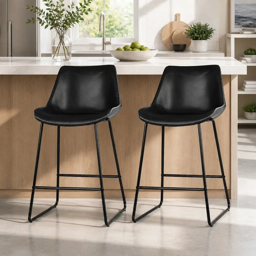 Bar Stools Set of 2 Kitchen Counter Chairs Black PU Leather Metal Frame