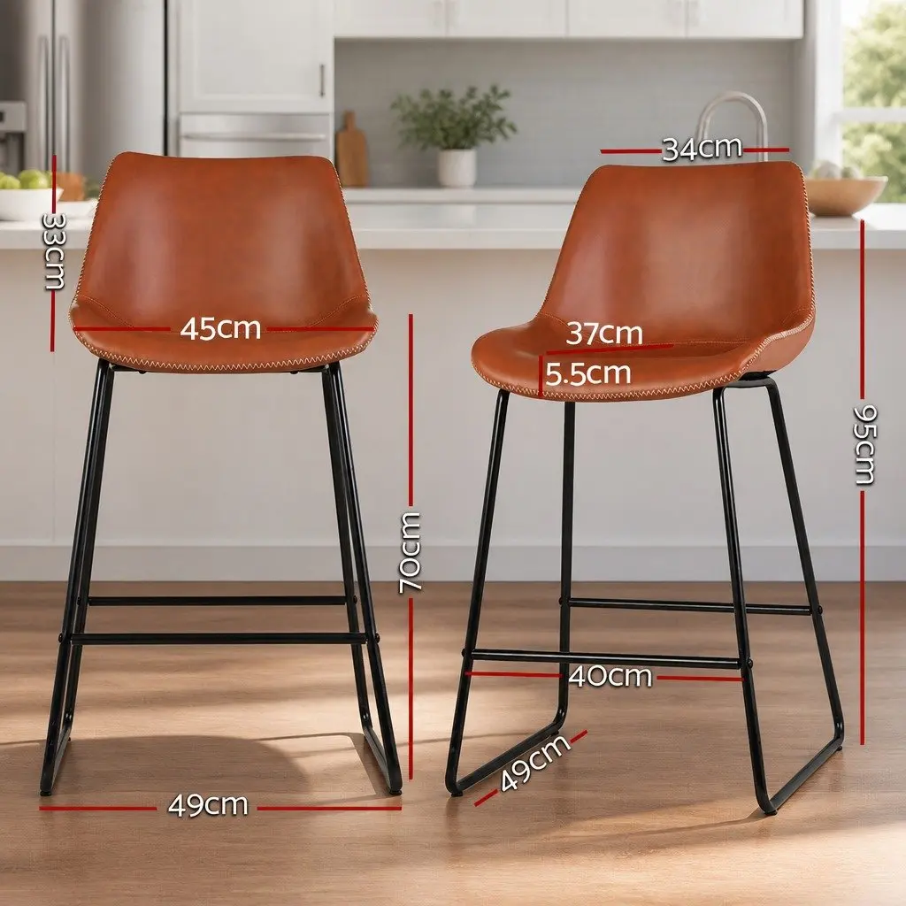 Bar Stools Kitchen Counter Chairs Brown PU Leather Metal Frame Set of 2