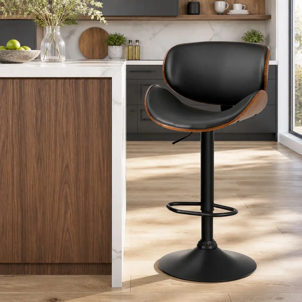 Bar Stools Swivel Gas Lift Kitchen Chairs Black PU Leather Adjustable Height