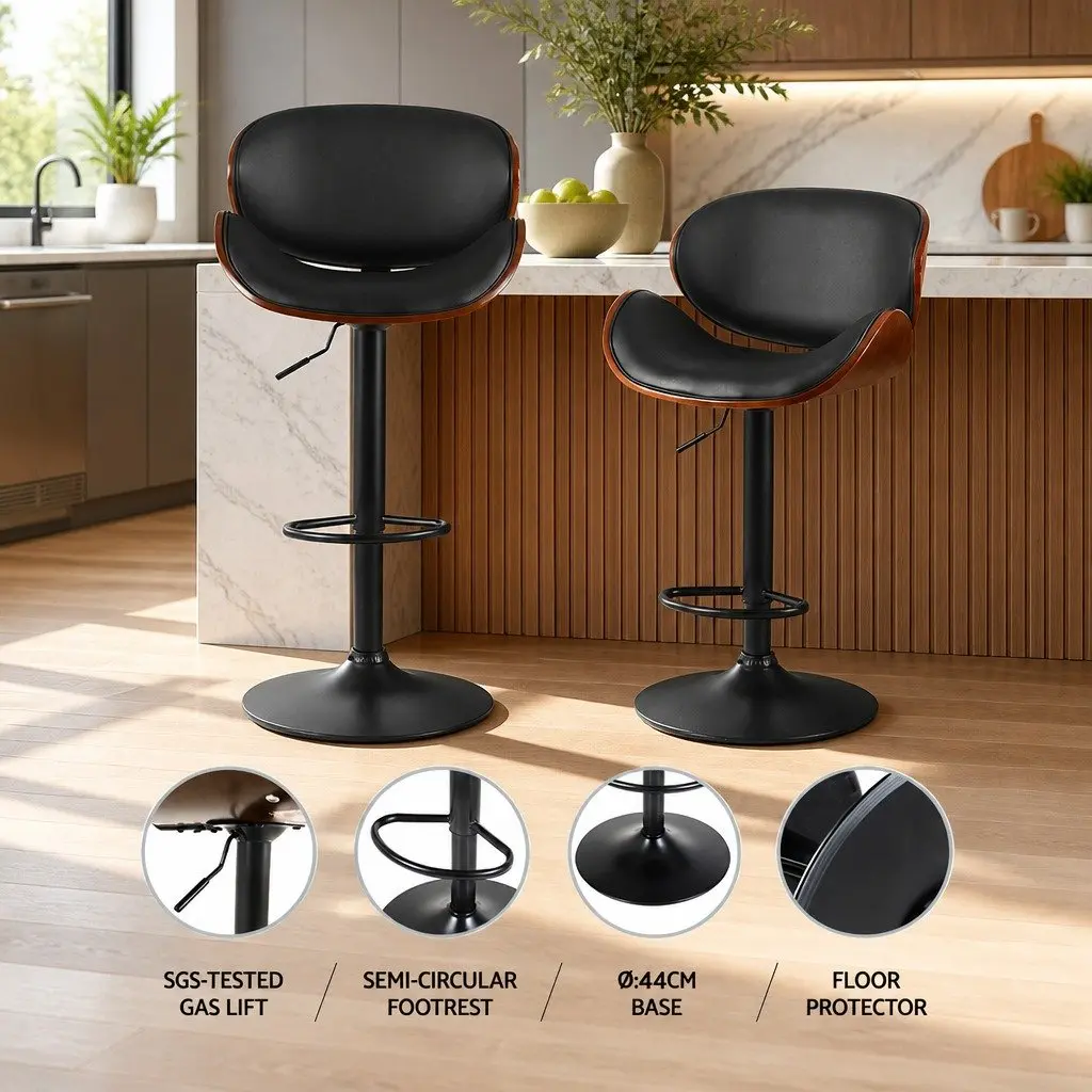 Bar Stools Swivel Gas Lift Kitchen Chairs Black PU Leather Adjustable Height