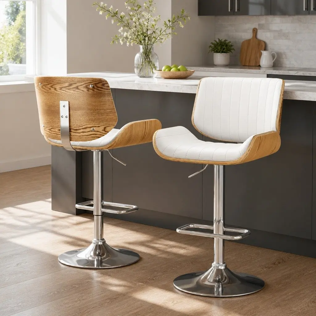 White Adjustable Bar Stools, Set of 2