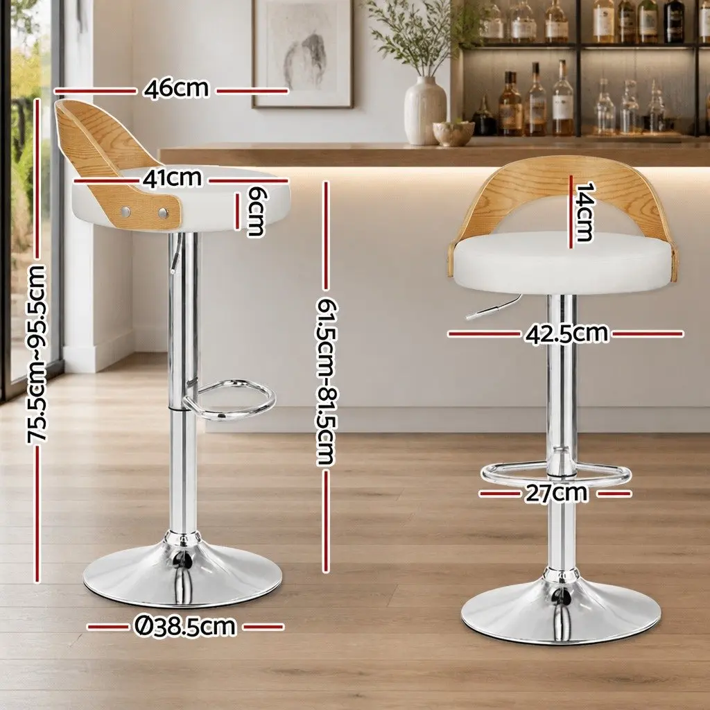 Bar Stools Adjustable Padded Curved Bentwood Seat 360 Swivel Chrome Base White