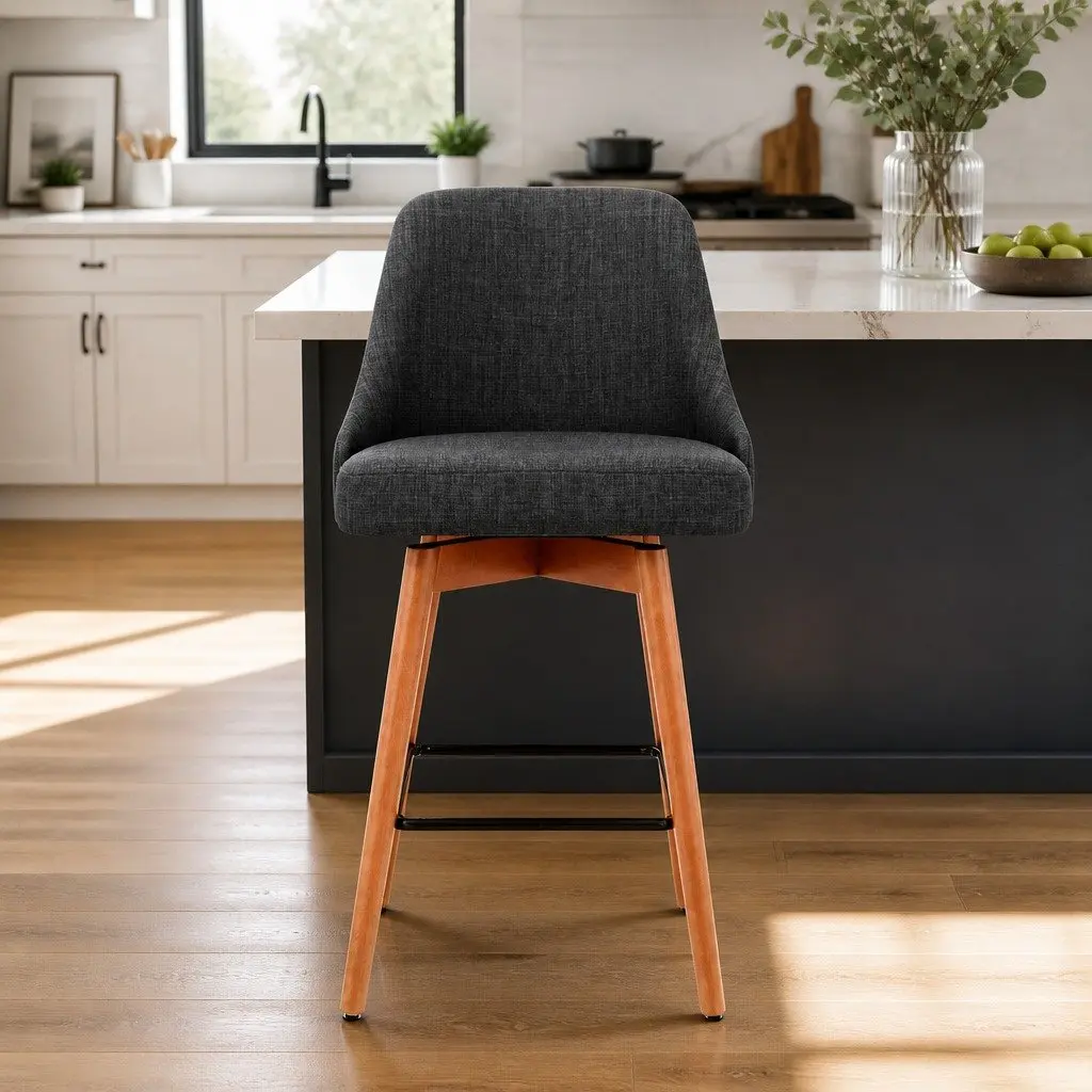 Bar Stools Swivel Seat Wooden Charcoal Set of 2 Padded Backrest Kitchen Dining