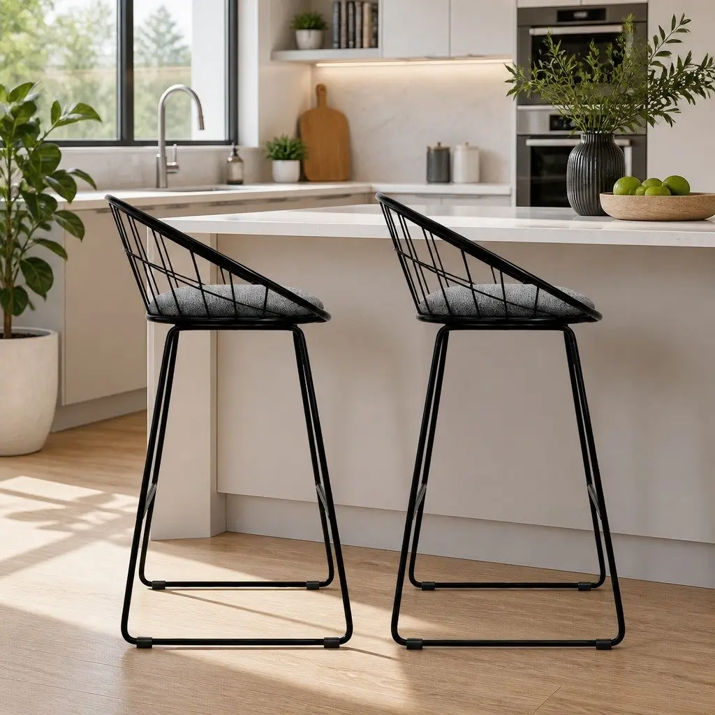 Bar Stools Padded Seat Kitchen Counter Height Black Metal Frame Set of 2