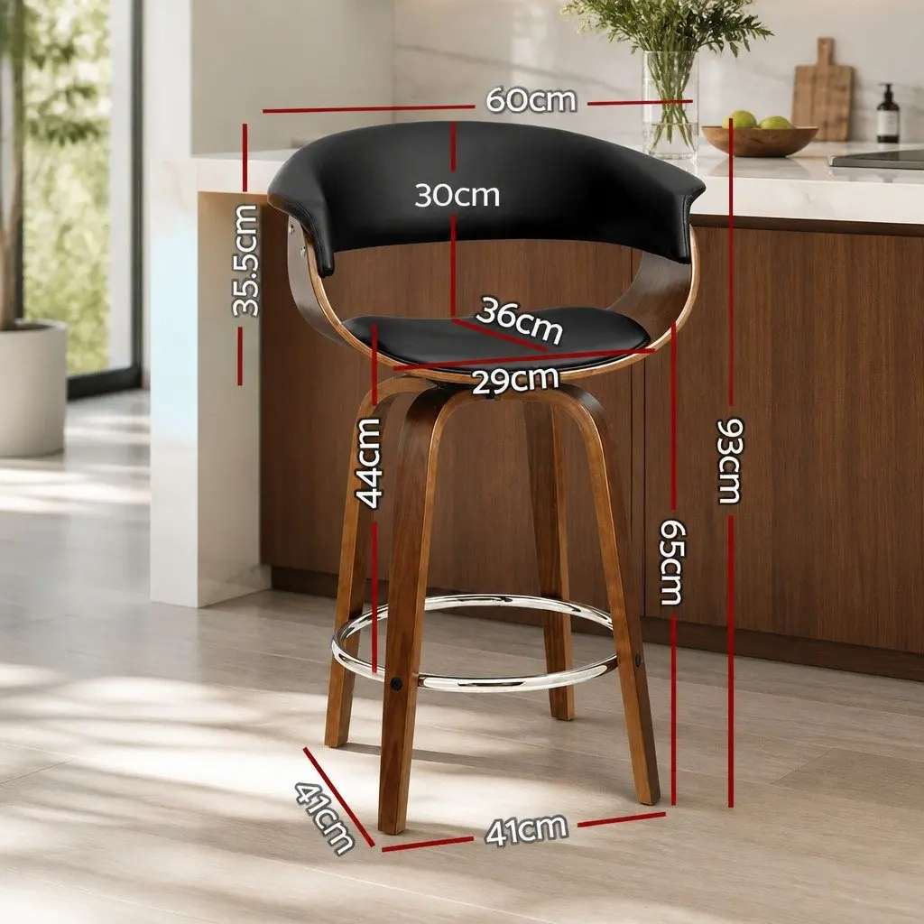 Bar Stools Swivel Seat Padded Armrest 41cm x 41cm x 93cm Black PU Leather Wooden Frame Chrome