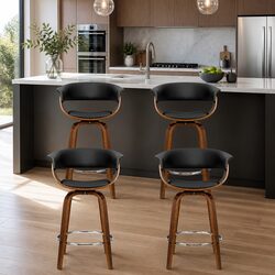 Bar Stools Set of 4 Swivel Black Seat Wooden Frame Mid-Height Backrest Kitchen