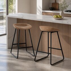 Bar Stools Set of 2 Kitchen Dining Counter Chairs PU Leather Footrest Brown