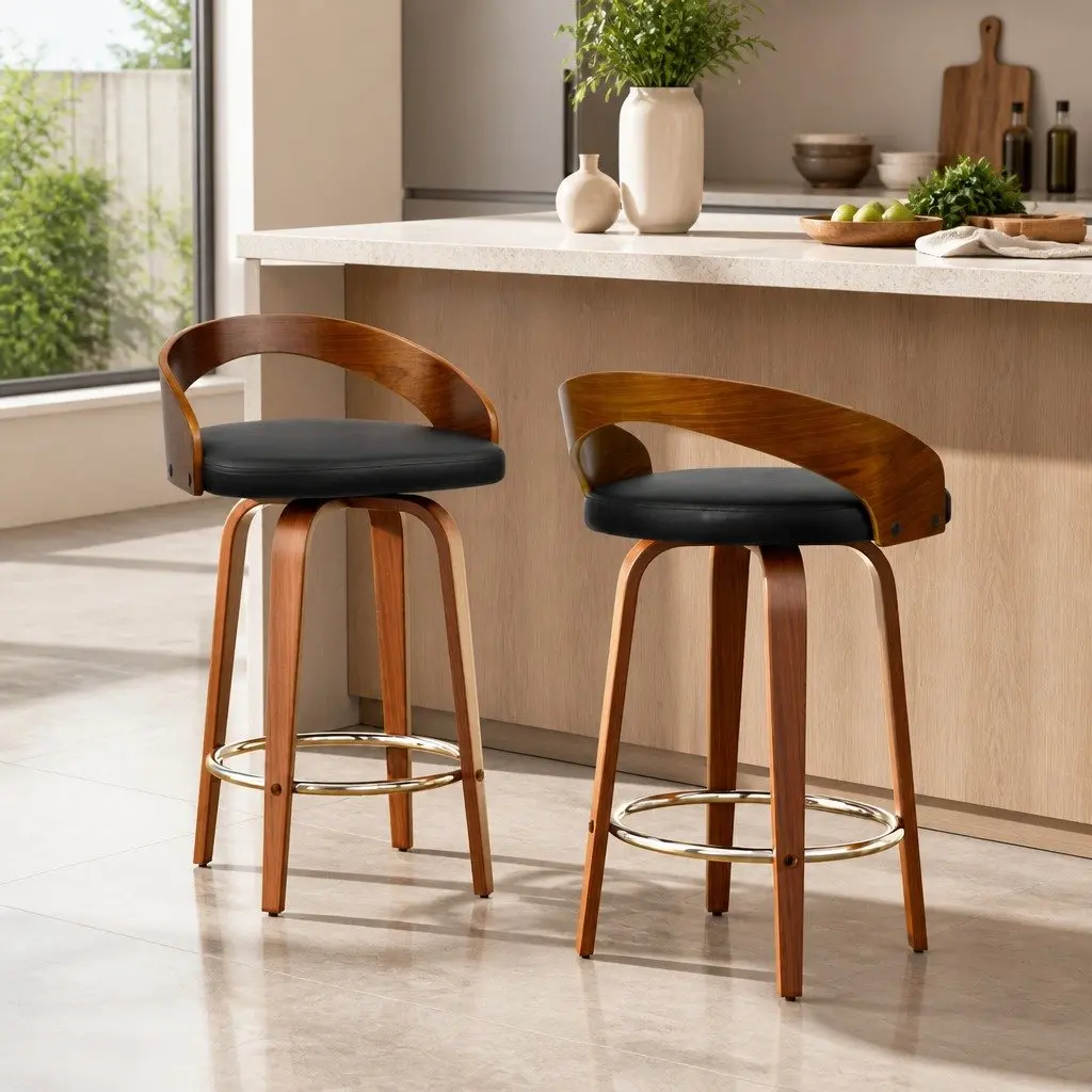 Bar Stools Swivel Seat Curved Backrest 80cm Walnut Wood Black PU Leather