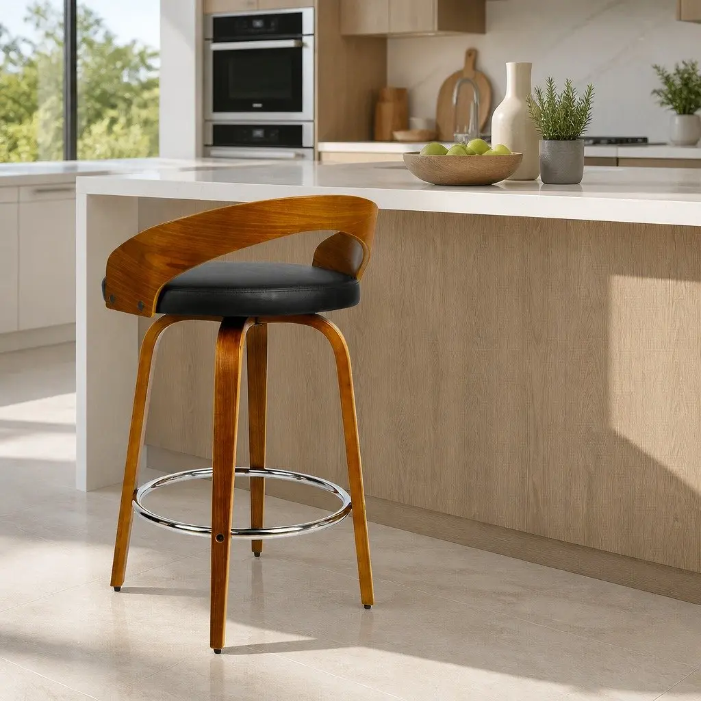 Bar Stools Swivel Seat Curved Backrest 80cm Walnut Wood Black PU Leather