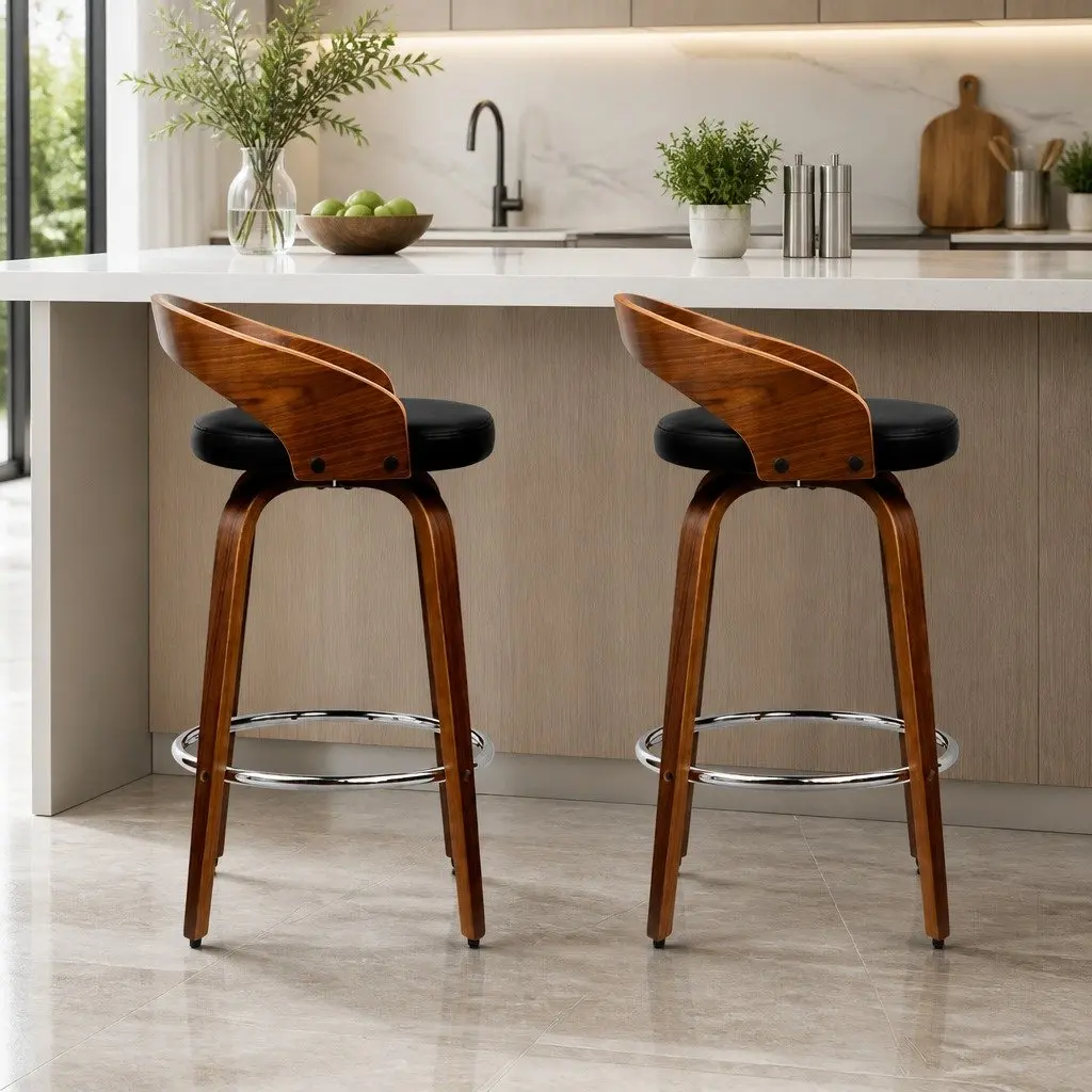 Bar Stools Swivel Seat Curved Backrest 80cm Walnut Wood Black PU Leather