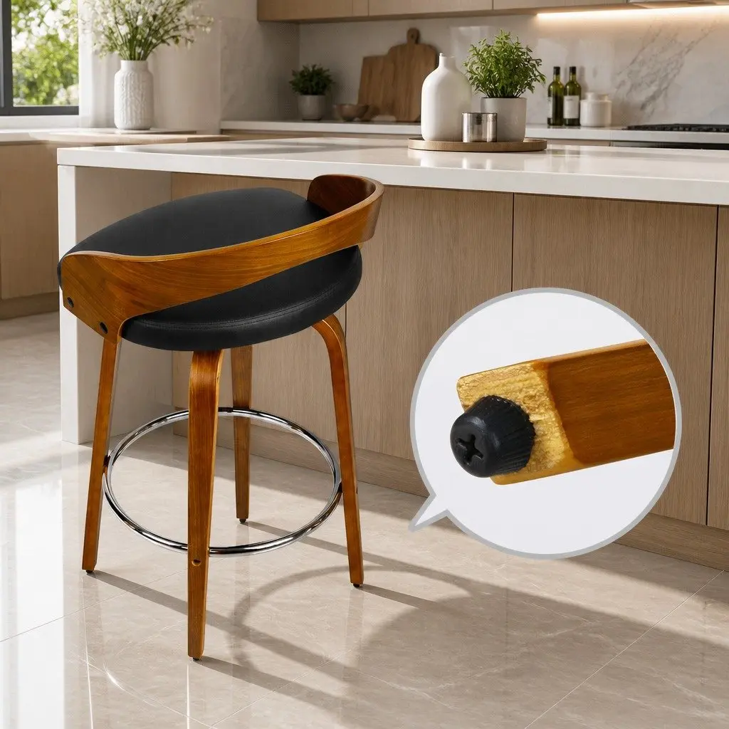 Bar Stools Swivel Seat Curved Backrest 80cm Walnut Wood Black PU Leather