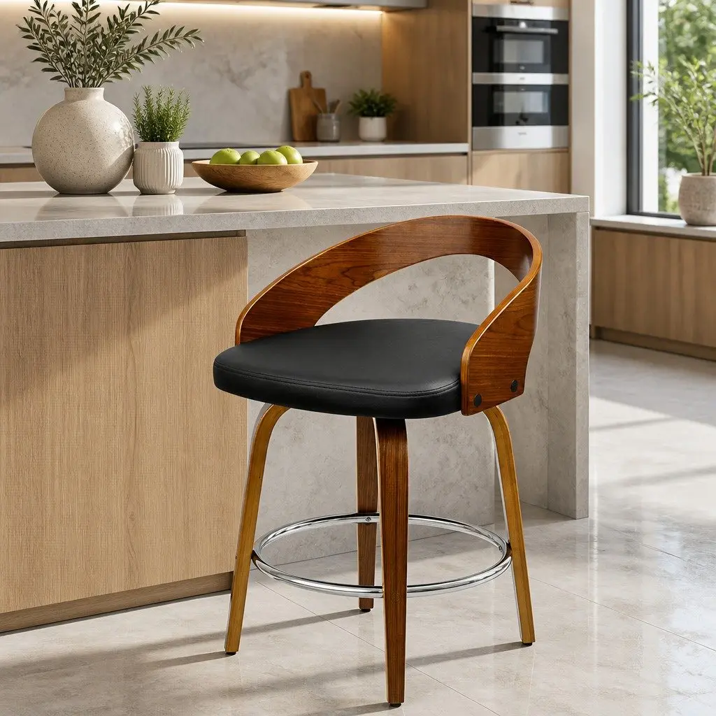 Bar Stools Swivel Seat Curved Backrest 80cm Walnut Wood Black PU Leather