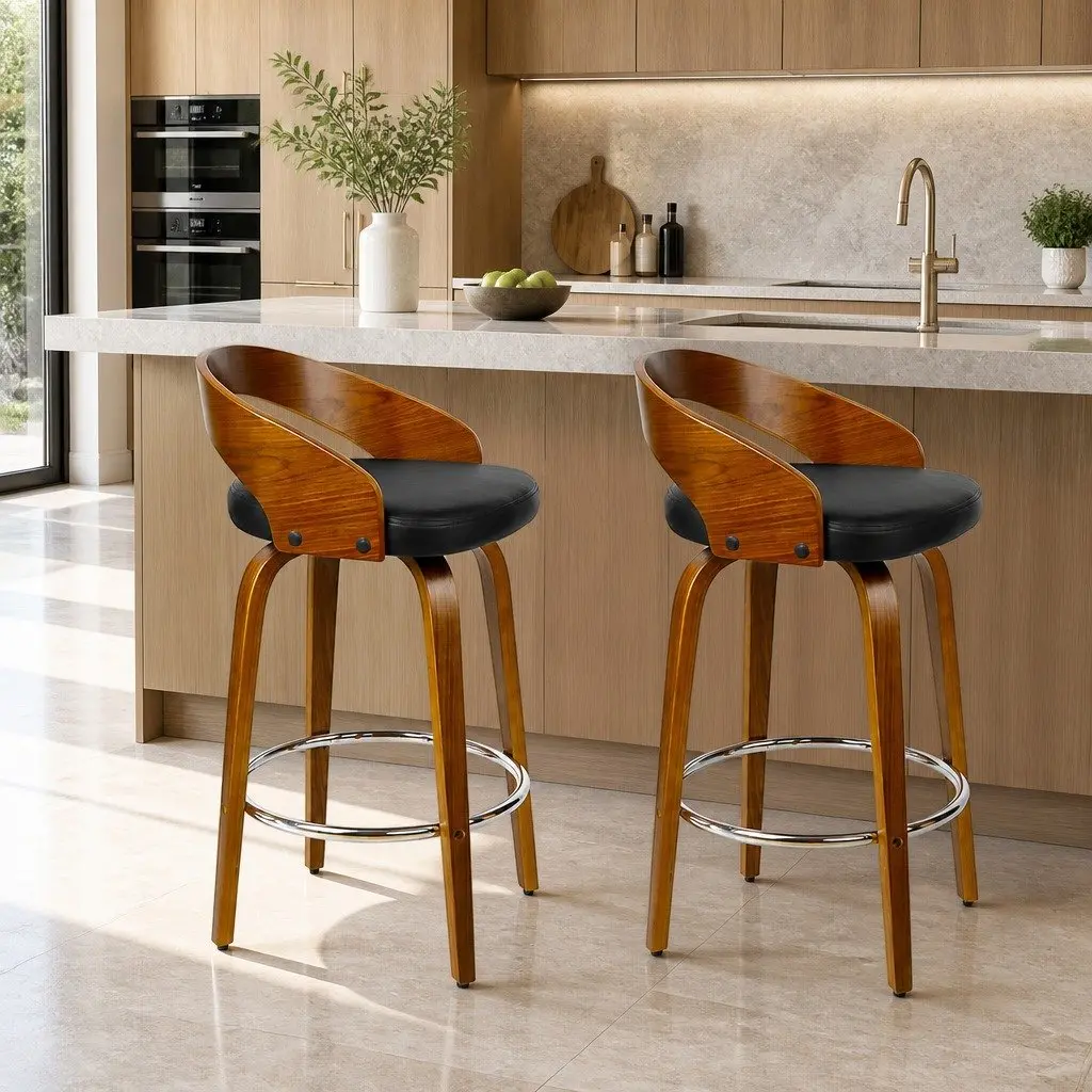 Bar Stools Swivel Seat Curved Backrest 80cm Walnut Wood Black PU Leather