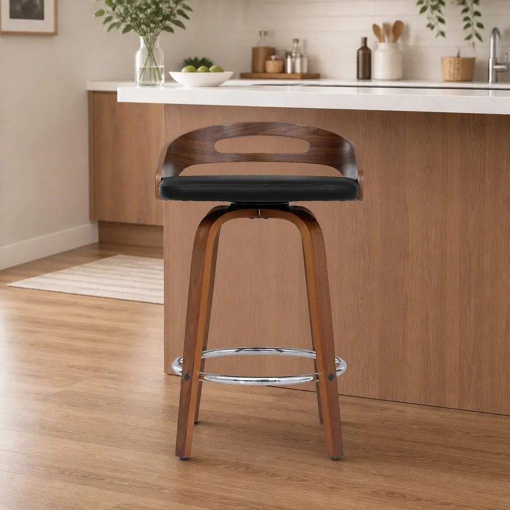 Bar Stools Swivel Dining Chairs Low Back Counter Seat PU Cushion Black Set of 2