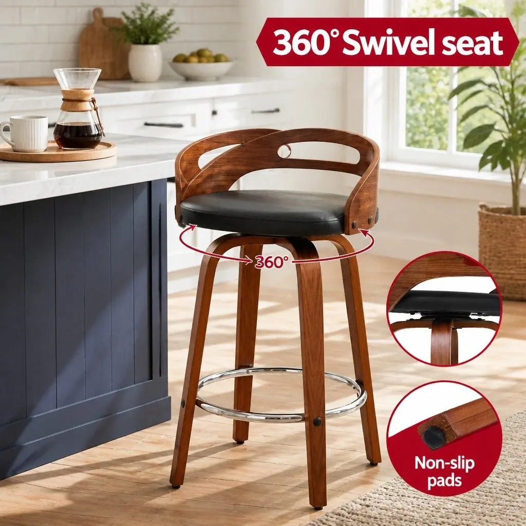 Bar Stools Swivel Dining Chairs Low Back Counter Seat PU Cushion Black Set of 2