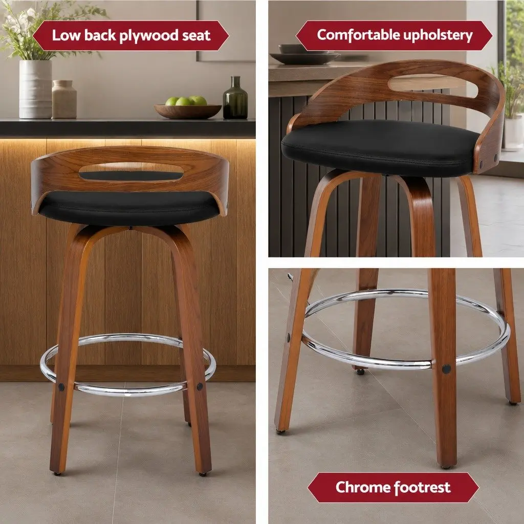Bar Stools Swivel Dining Chairs Low Back Counter Seat PU Cushion Black Set of 2