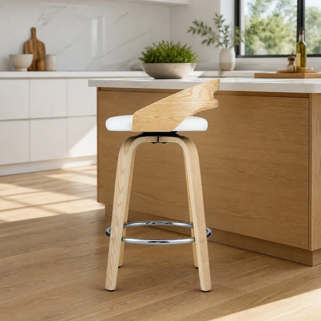 Bar Stools Swivel Dining Chairs Low Back Counter Seat PU Cushion White Set of 2