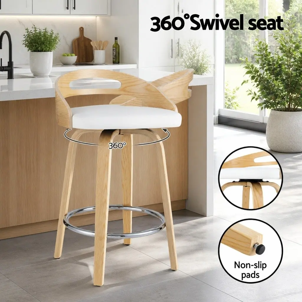Bar Stools Swivel Dining Chairs Low Back Counter Seat PU Cushion White Set of 2