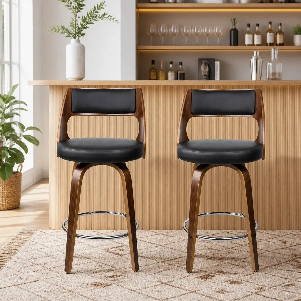 Swivel Bar Stools with Backrest 92cm Height Black PU Leather Seat Walnut Wooden Legs