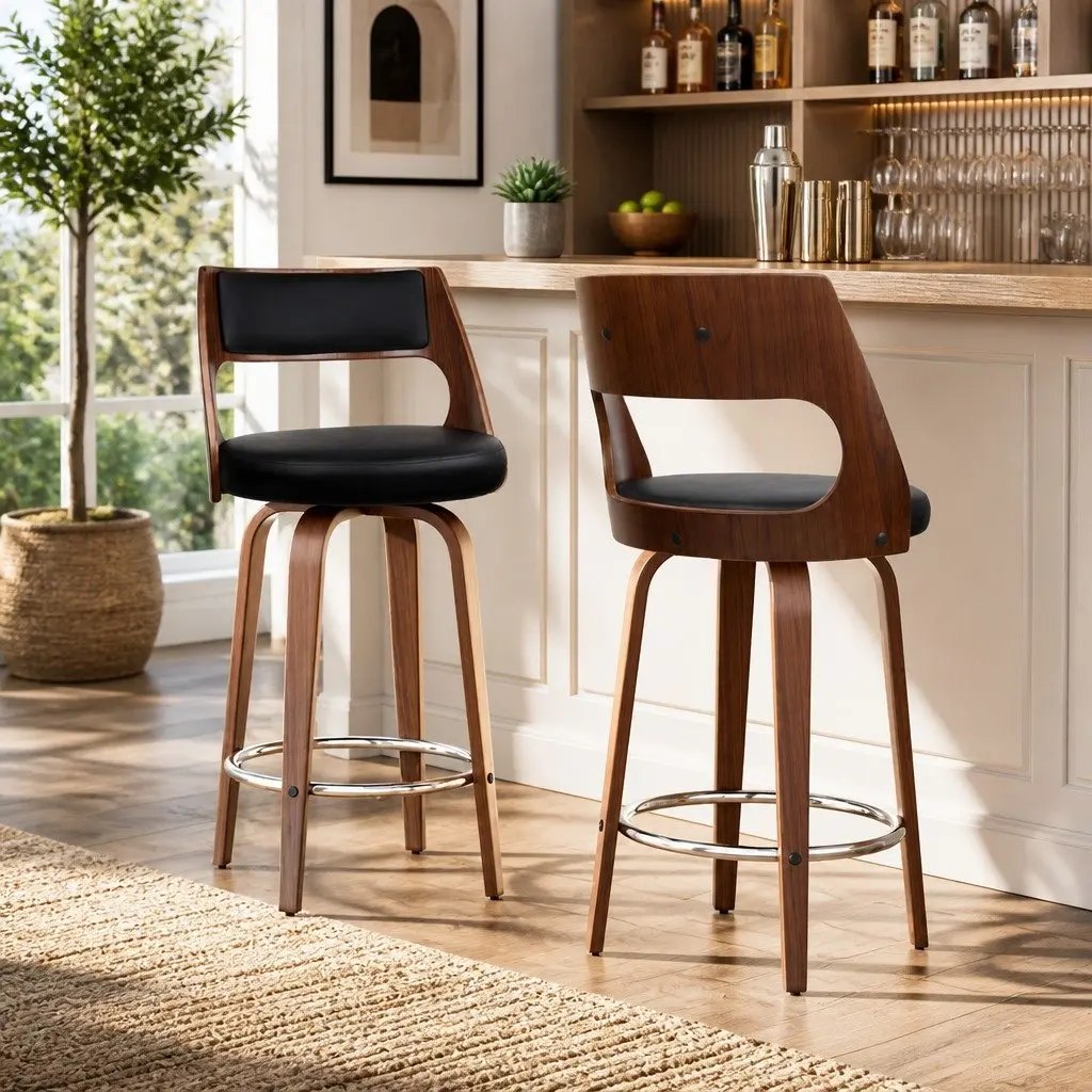 Swivel Bar Stools with Backrest 92cm Height Black PU Leather Seat Walnut Wooden Legs