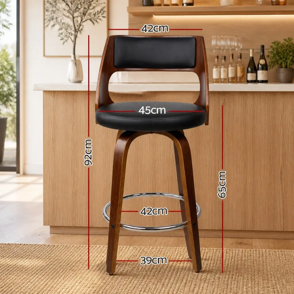 Swivel Bar Stools with Backrest 92cm Height Black PU Leather Seat Walnut Wooden Legs