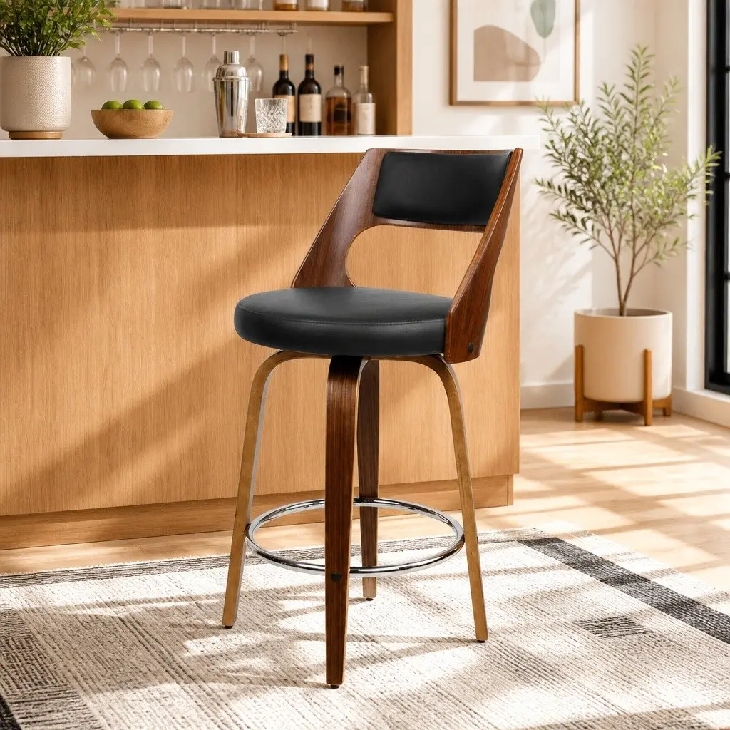 Swivel Bar Stools with Backrest 92cm Height Black PU Leather Seat Walnut Wooden Legs