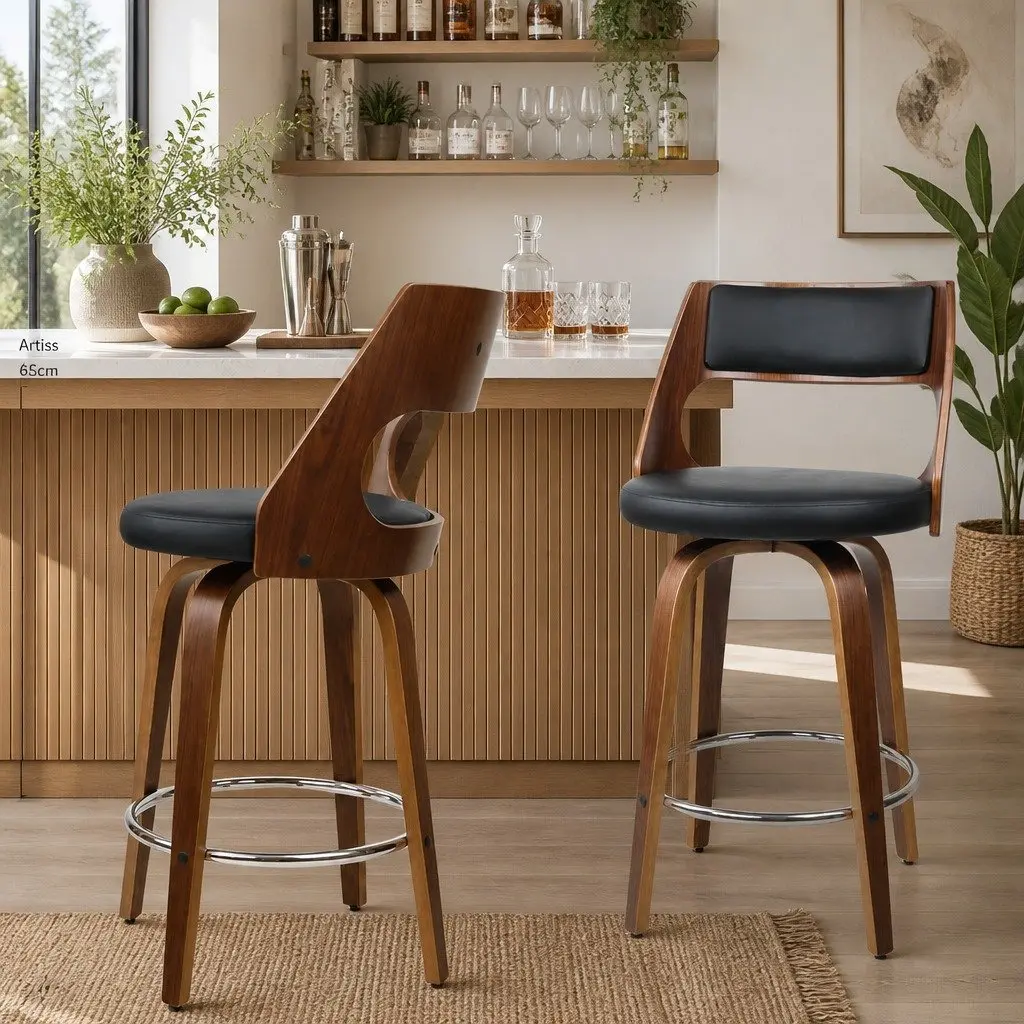 Swivel Bar Stools with Backrest 92cm Height Black PU Leather Seat Walnut Wooden Legs