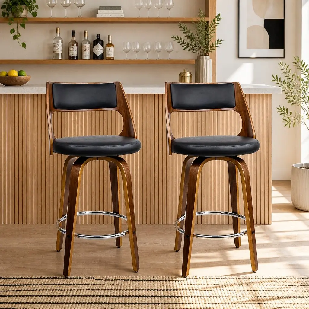 Swivel Bar Stools with Backrest 92cm Height Black PU Leather Seat Walnut Wooden Legs