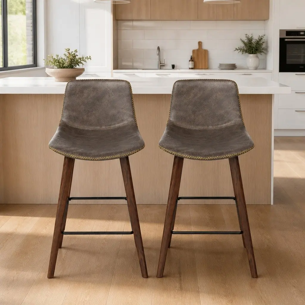 Bar Stools Kitchen Counter Wooden Backrest Metal Footrest 48.5cm Brown Walnut