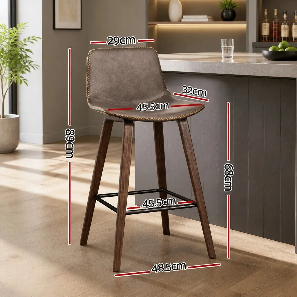 Bar Stools Set of 4 Wooden Bentwood Mid-Height Backrest Brown PU Leather Padded