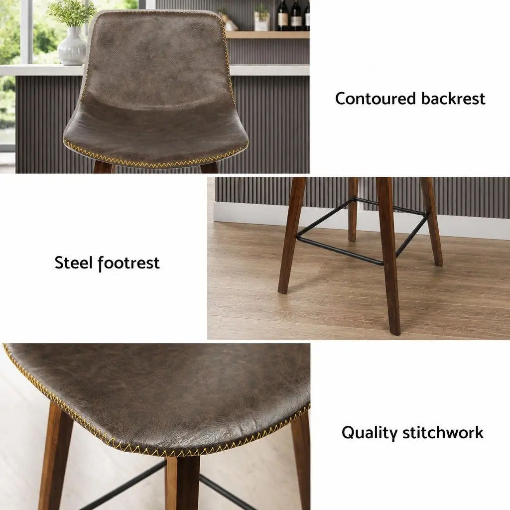 Bar Stools Set of 4 Wooden Bentwood Mid-Height Backrest Brown PU Leather Padded