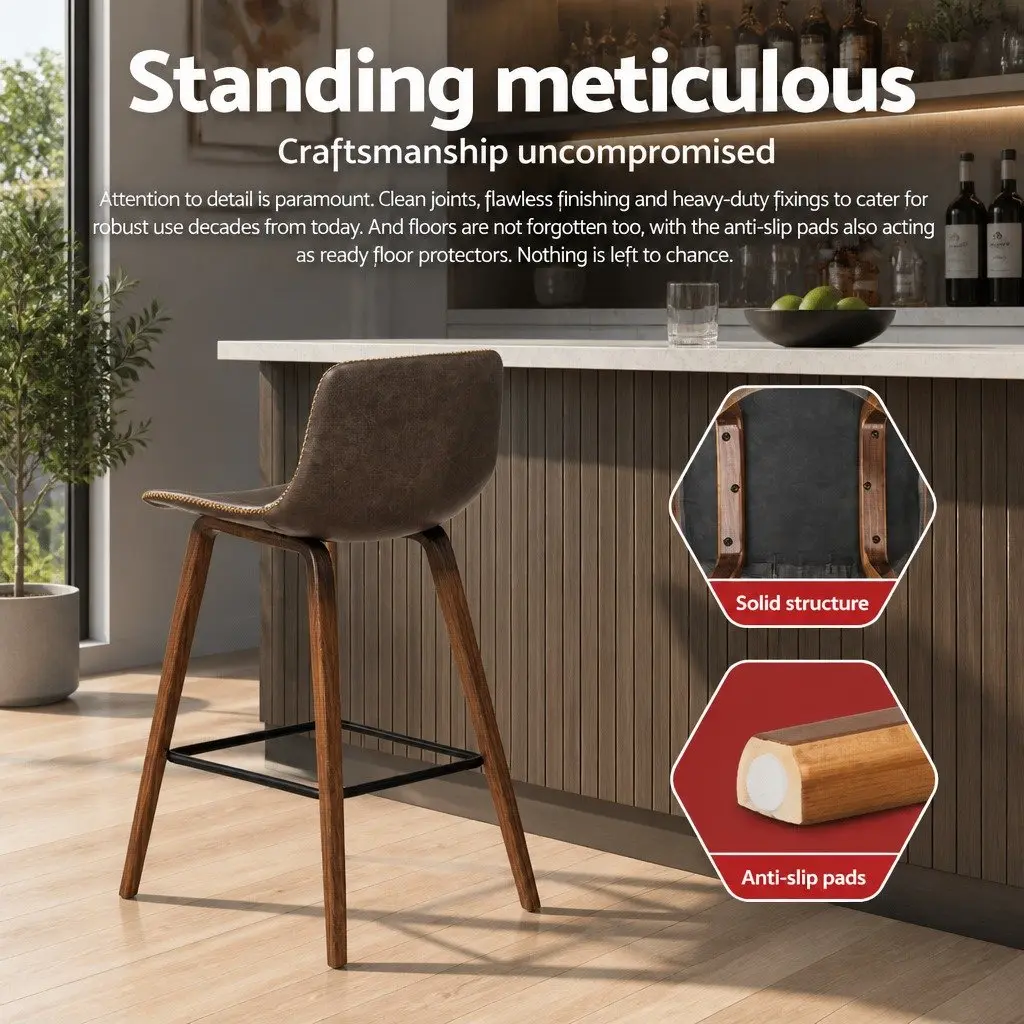 Bar Stools Set of 4 Wooden Bentwood Mid-Height Backrest Brown PU Leather Padded
