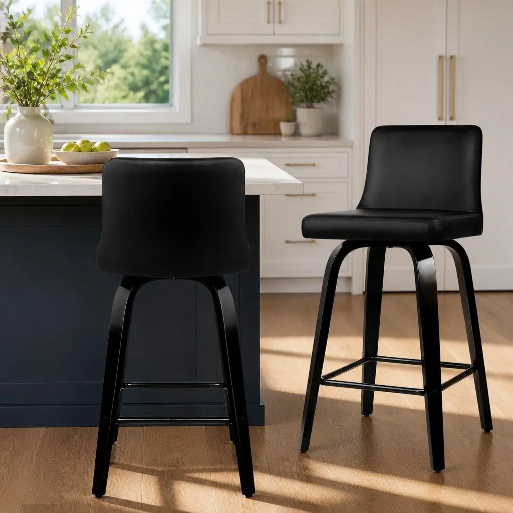 Bar Stools Set of 2 Swivel Kitchen Chairs Mid-Height Black Padded Backrest