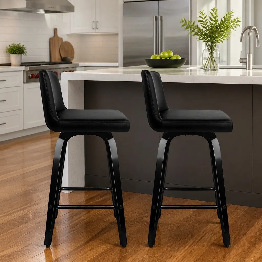 Bar Stools Set of 2 Swivel Kitchen Chairs Mid-Height Black Padded Backrest