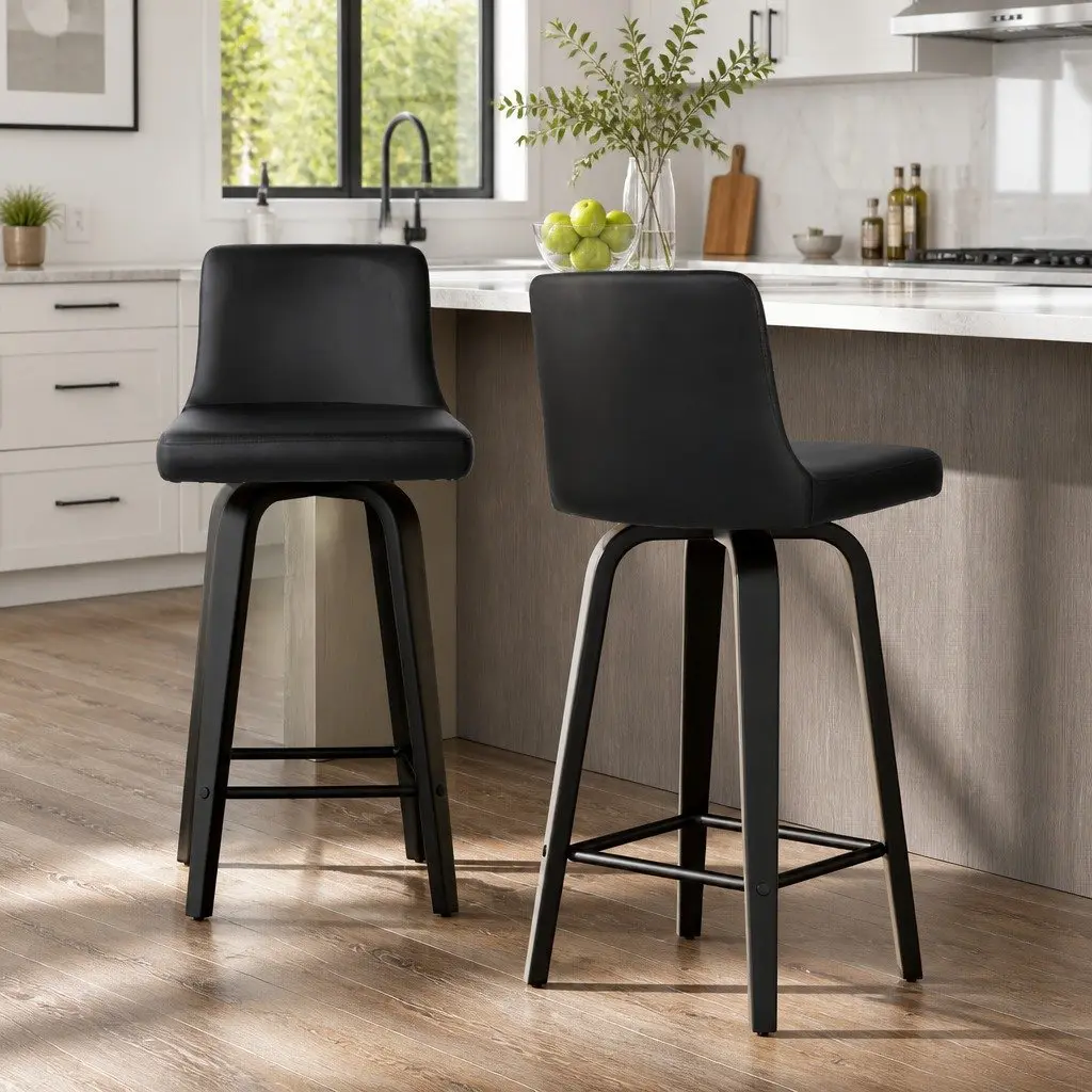 Bar Stools Set of 2 Swivel Kitchen Chairs Mid-Height Black Padded Backrest