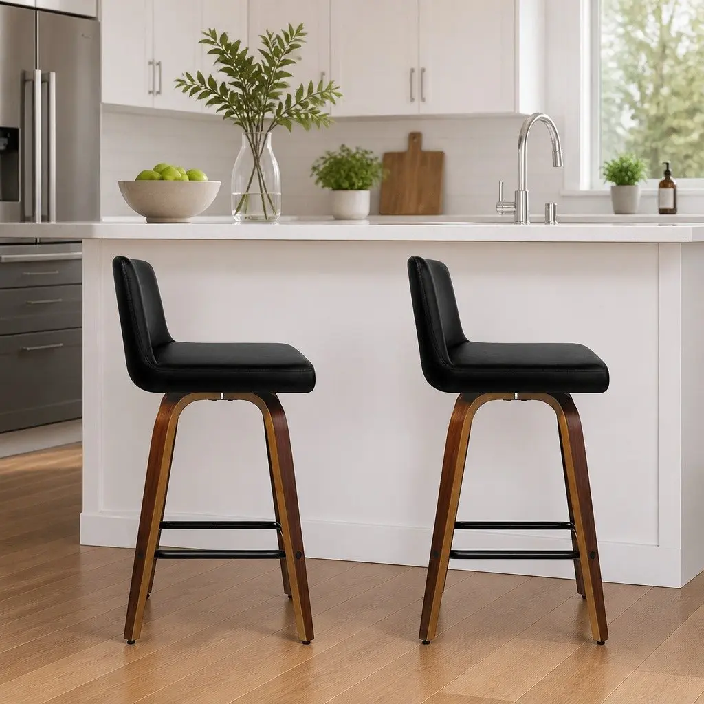 Bar Stools Swivel Padded Backrest 87cm Black Wooden Kitchen Dining 2 Piece Set