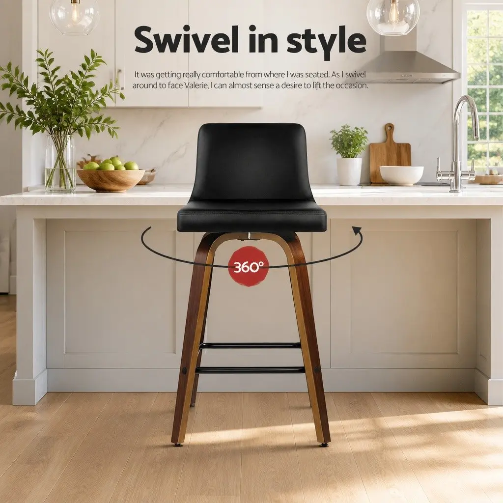 Bar Stools Swivel Padded Backrest 87cm Black Wooden Kitchen Dining 2 Piece Set