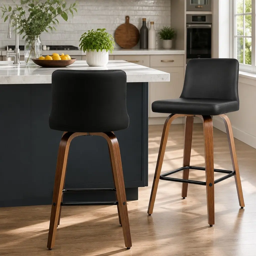 Bar Stools Swivel Padded Backrest 87cm Black Wooden Kitchen Dining 2 Piece Set
