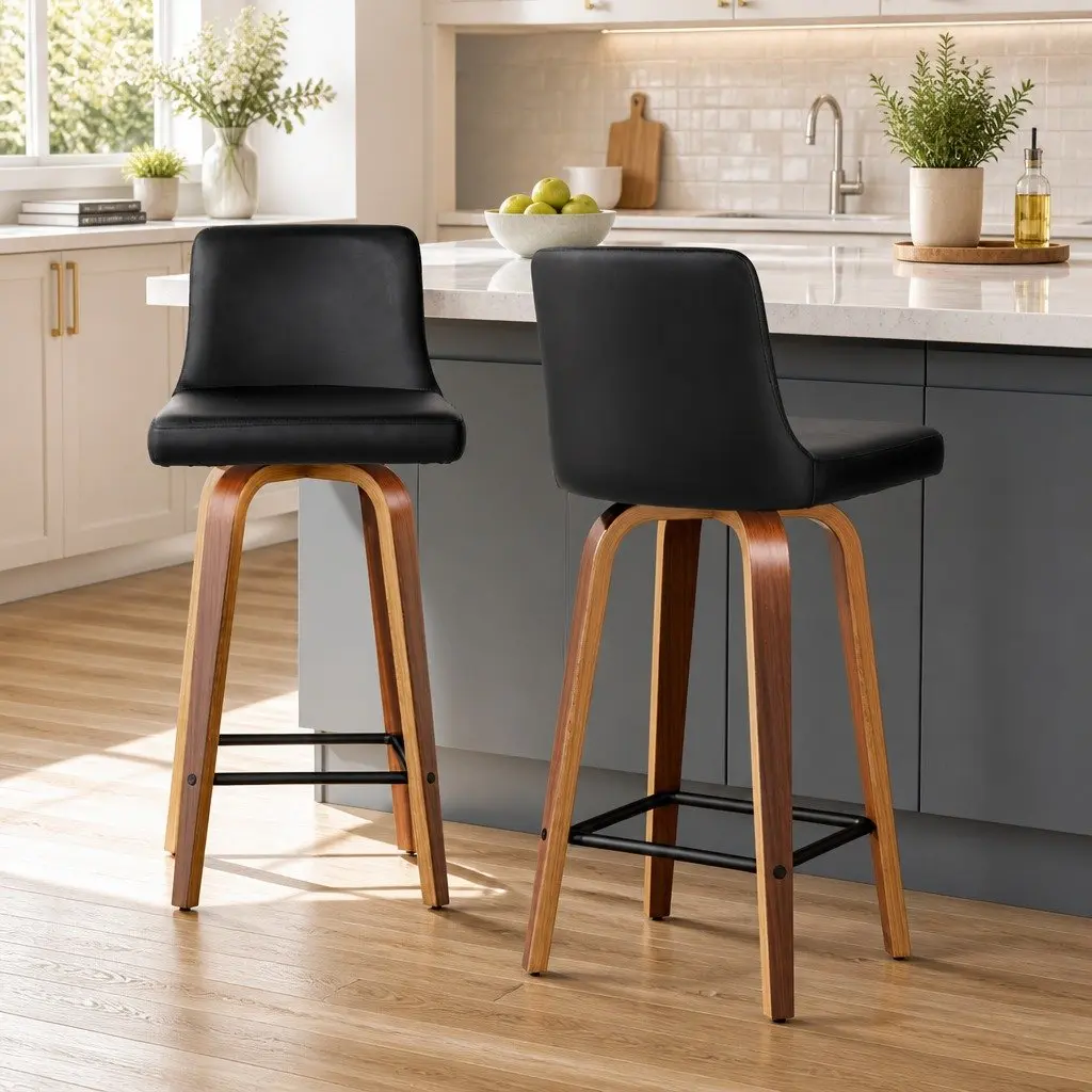 Bar Stools Swivel Padded Backrest 87cm Black Wooden Kitchen Dining 2 Piece Set