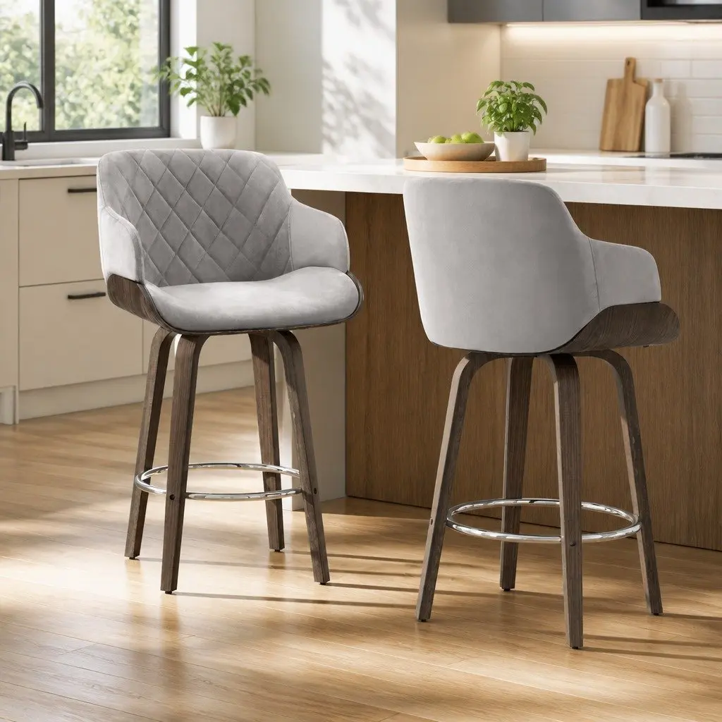 Bar Stools Set of 2 Swivel Padded Velvet Wooden Chair with Backrest Chrome