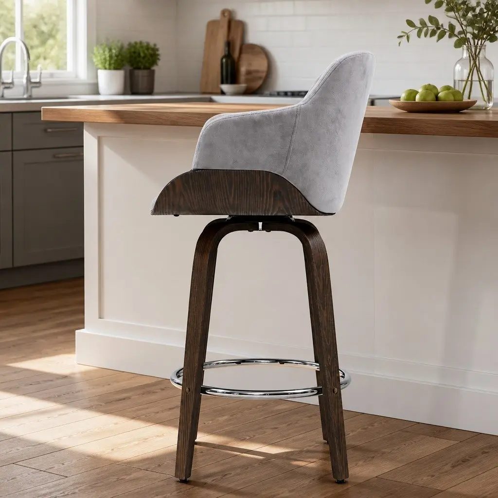 Bar Stools Set of 2 Swivel Padded Velvet Wooden Chair with Backrest Chrome