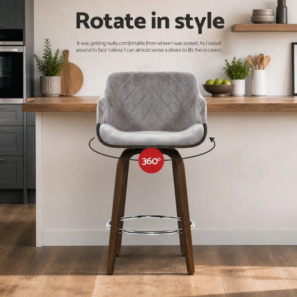 Bar Stools Set of 2 Swivel Padded Velvet Wooden Chair with Backrest Chrome