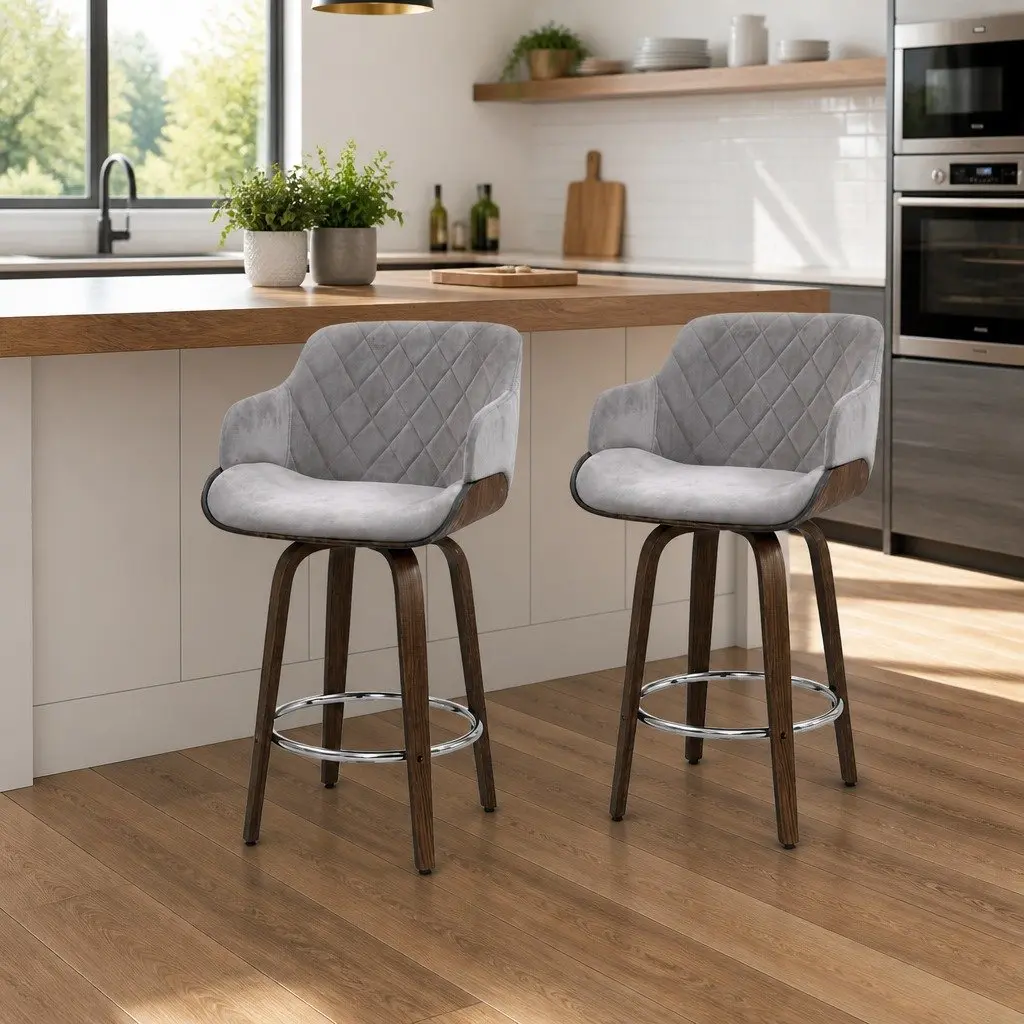 Bar Stools Set of 2 Swivel Padded Velvet Wooden Chair with Backrest Chrome