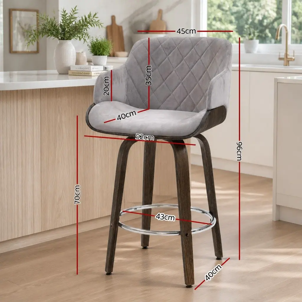 Bar Stools Swivel Velvet Padded Wooden Grey Kitchen Dining Chair Footrest 96cm