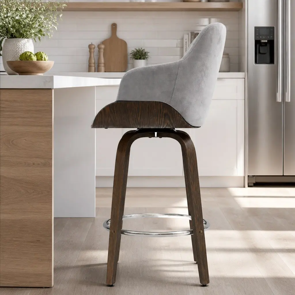 Bar Stools Swivel Velvet Padded Wooden Grey Kitchen Dining Chair Footrest 96cm