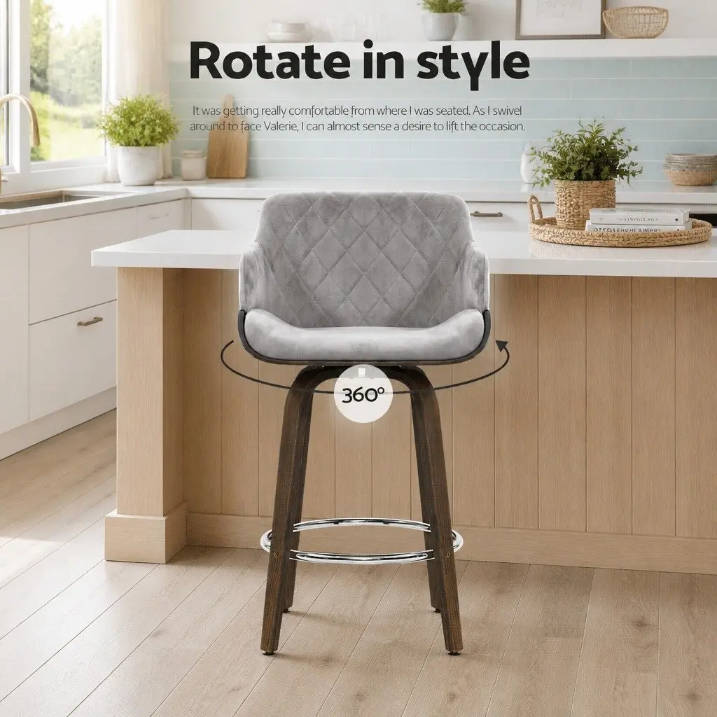 Bar Stools Swivel Velvet Padded Wooden Grey Kitchen Dining Chair Footrest 96cm
