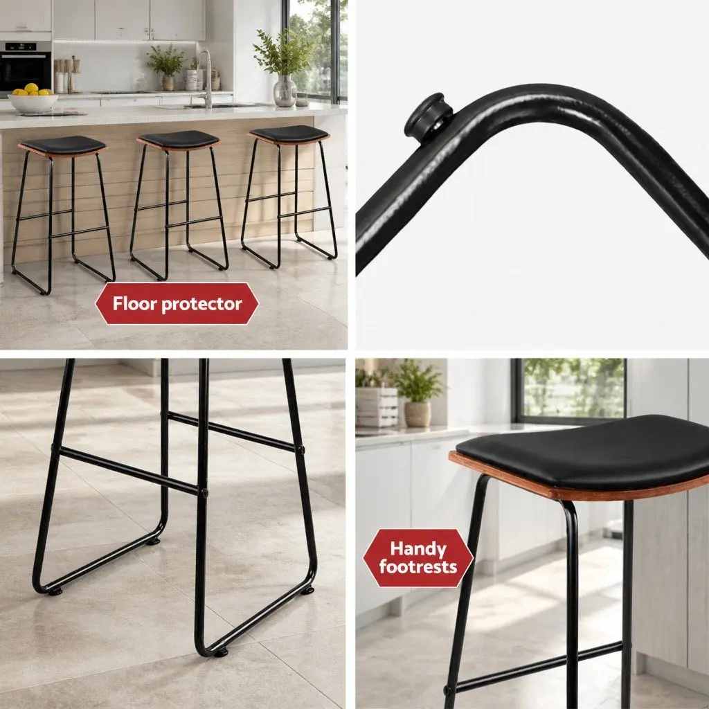 Bar Stools x4 Black Padded Seat Wooden Base Metal Frame Footrest Kitchen
