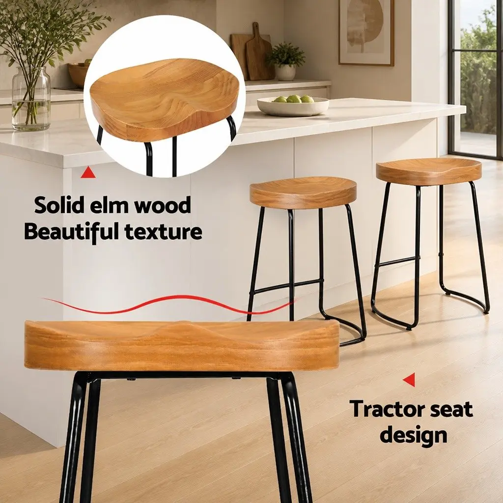 Bar Stools Tractor Seat 65cm Wooden Industrial Retro Design Curved Seat Set of 2