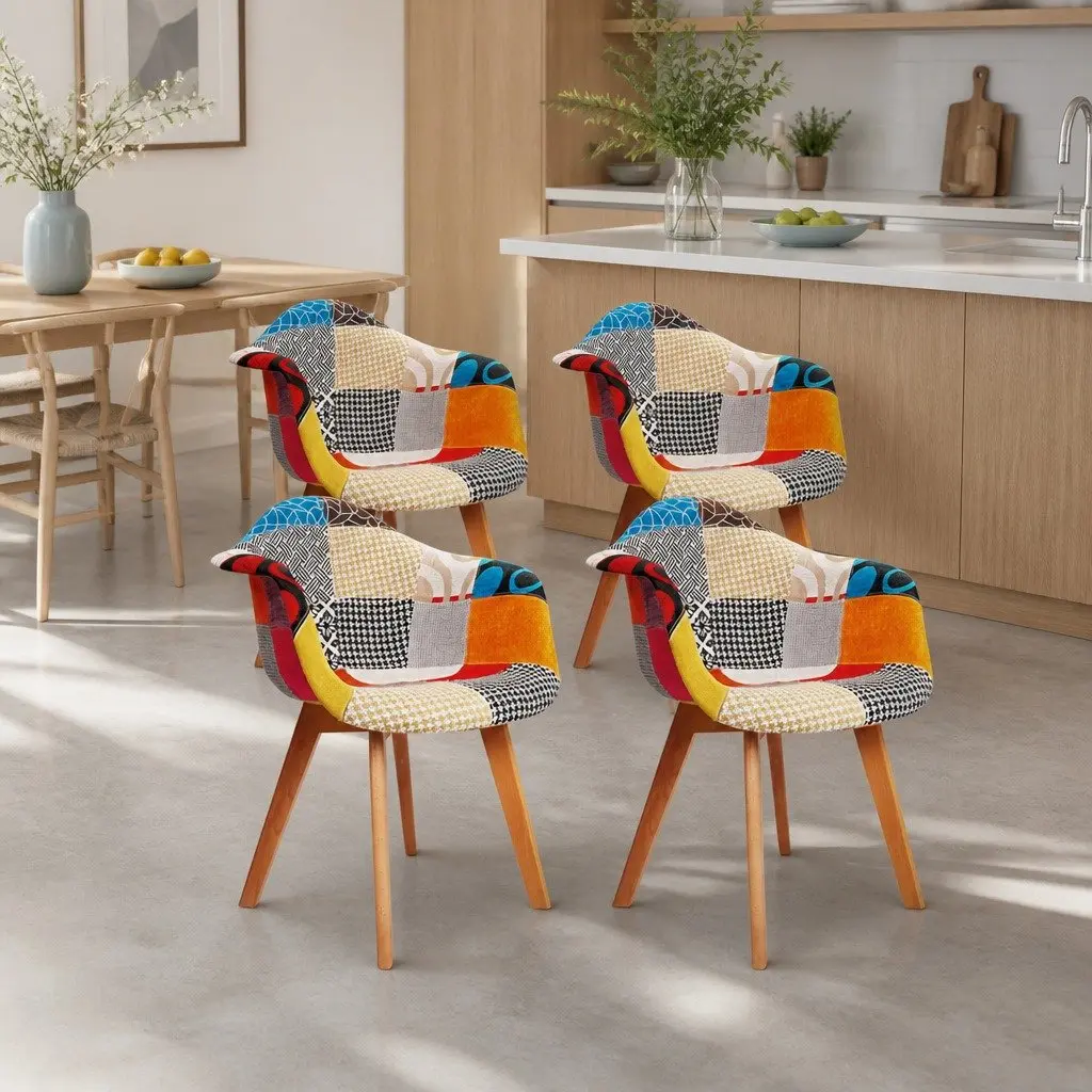 Dining Chairs Set of 4 Fabric Retro Kitchen Seating Multicolour Wooden Legs